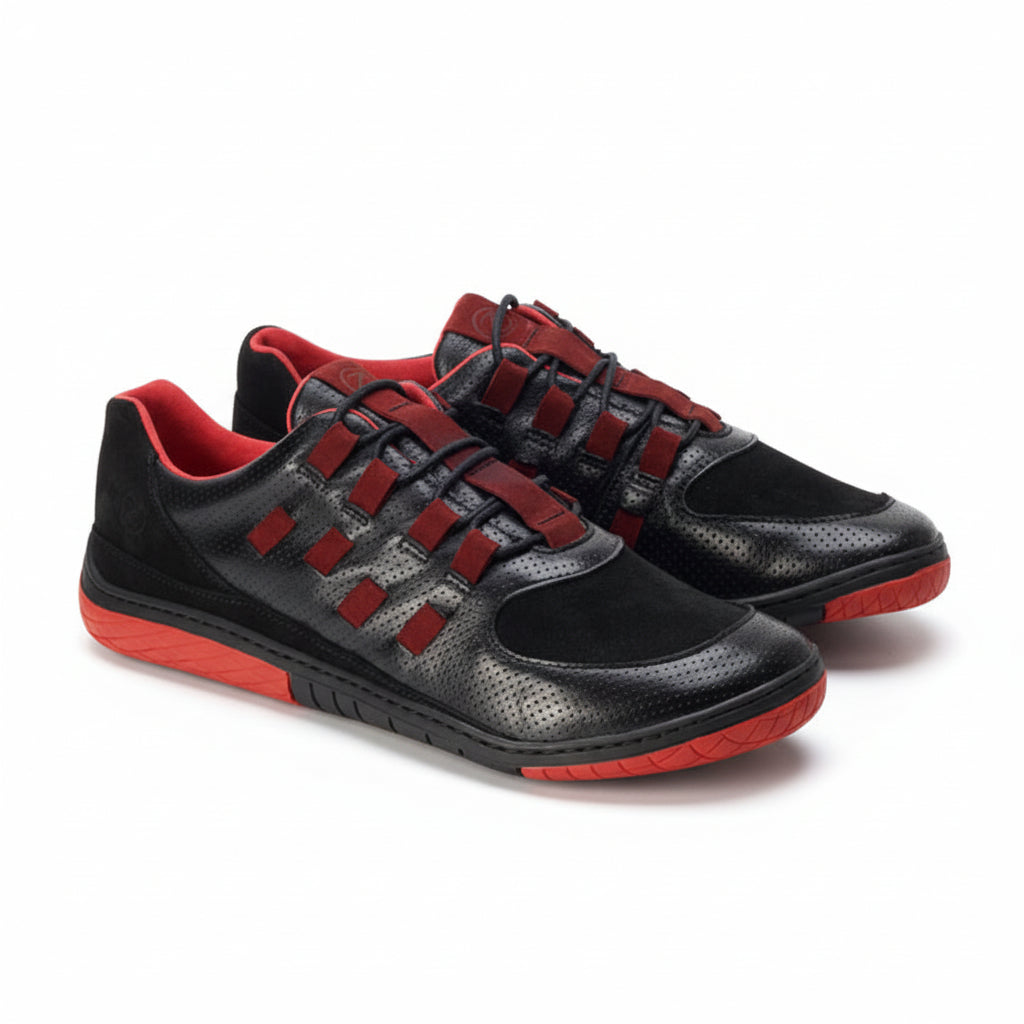 schwarz rote Barfußschuhe aus Nappa- und Veloursleder